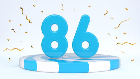 Text 86 standing on a striped stand, podium, stage surrounded by confetti. Greeting card, discount card, sale, holiday discount, birthday, grand opening. 3d renderの写真素材