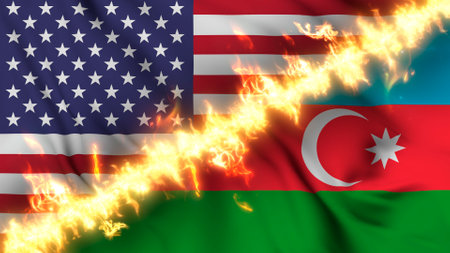 Illustration of a waving flag of Azerbaijan and the United States separated by a line of fire. Crossed flags: depiction of strained relations, conflicts and rivalry between the two countriesの写真素材