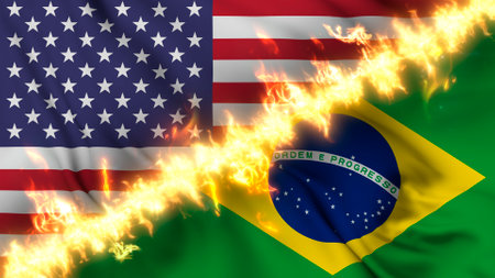Illustration of a waving flag of Brazil and the United States separated by a line of fire. Crossed flags: depiction of strained relations, conflicts and rivalry between the two countriesの写真素材