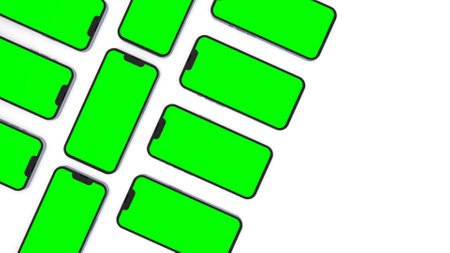 Smartphones with green screens, modern mockup for mobile App design with space for text, isolated on white background. 3d renderの写真素材
