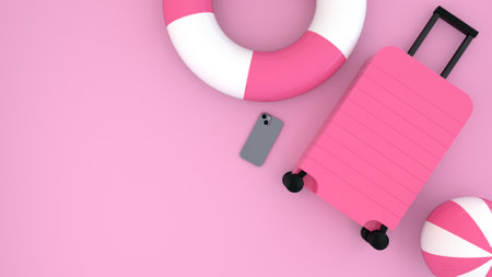 Flat lay pink suitcase with traveler accessories on pastel pink background. travel concept. 3d renderingの写真素材