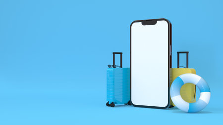 Travel online booking service on smartphone. Tourism plane trip planning world tour with suitcase, inflatable ring for swimming, leisure touring holiday summer concept. 3d render illustrationの写真素材