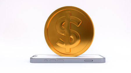 A large gold coin falls into a mobile phone smartphone. 3D render illustrationの写真素材