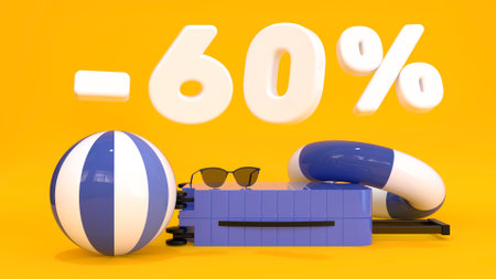 White text minus 60 percent with suitcase, sunglasses, ball on yellow background in modern style. Travel background. Modern lifestyle. Summer vacation concept. 3d renderingの写真素材