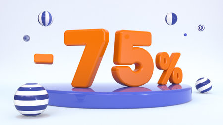 3d orange text 75 percent on a stand, stage, podium surrounded by striped balloons on a light background. 3d illustrationの写真素材