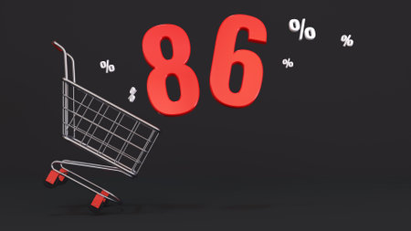 86 percent discount flying out of a shopping cart on a black background. Concept of discounts, black friday, online sales. 3d renderingの写真素材