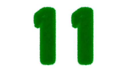 Number 11 from natural green font in the form of grass on an isolated white background. 3d render illustrationの写真素材
