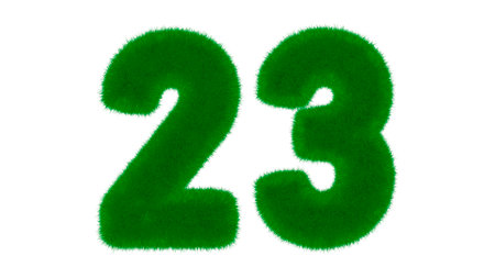 Number 23 from natural green font in the form of grass on an isolated white background. 3d render illustrationの写真素材