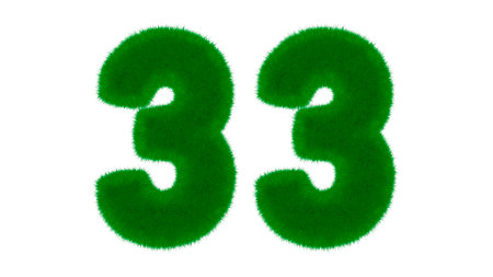 Number 33 from natural green font in the form of grass on an isolated white background. 3d render illustrationの写真素材