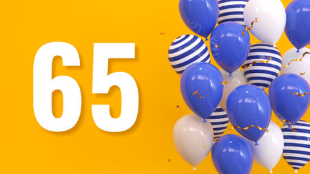The inscription 65 on a yellow background with balloons, golden confetti, serpentine. Greeting card, bright concept, illustration. 3d renderの写真素材