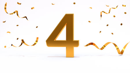 Happy 4 birthday party celebration. Gold numbers with glitter gold confetti, serpentine. Festive background. Decoration for party event. One year jubilee celebration. 3d render illustrationの写真素材