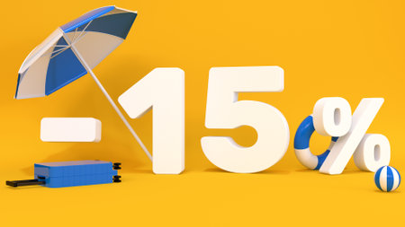 3d text minus 15 percent with luggage for travel on a yellow background. Concept for travel agencies, websites, travel discount, vacation. 3d renderingの写真素材