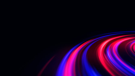 Illustration of abstract neon background with red and blue glowing lines. Fantastic wallpaper with...