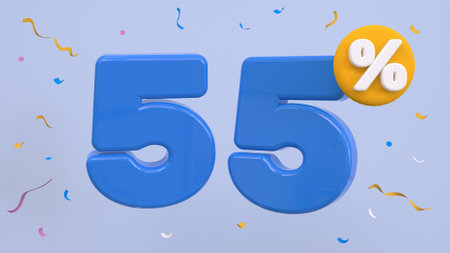55 percent Off. Discount creative composition. 55% symbol with decorative objects. Sale banner and poster. 3d render illustrationの写真素材