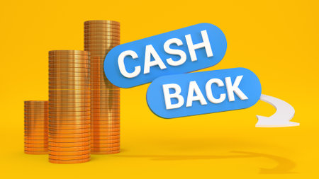 Cashback banner with stacks of golden coins and an arrow on a yellow background. 3d render illustrationの写真素材