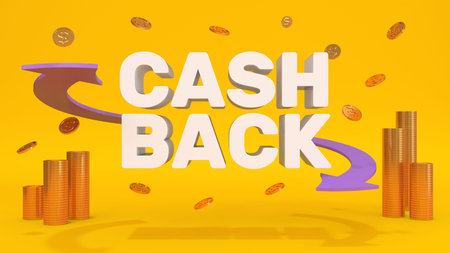 Cashback banner with purple arrows, golden coins in stacks and flying around on a yellow background....