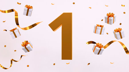 Happy 1 birthday party celebration. Gold numbers with glitter gold confetti, serpentine, gifts. Festive background. Decoration for party event. Jubilee celebration. 3d render illustrationの写真素材