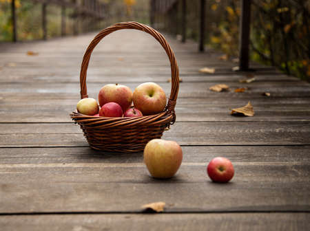 apples in a basket background red and yellowの写真素材