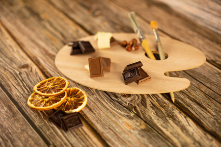 Assorted chocolates are set on an artistic palette against a warm wooden background.の写真素材