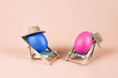 The idea of home delivery of purchases for Easter, on a yellow backgroundの写真素材