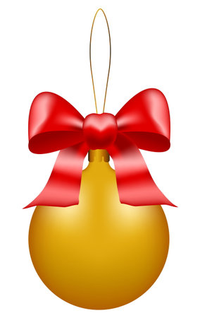 Christmas ball realistic. Christmas decoration balls, red bow, gold ball on a string. transparent background.のイラスト素材