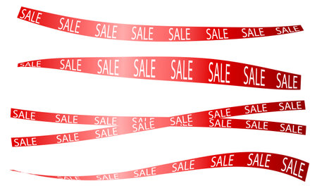 A set of different red ribbon banners with the inscription SALE, on a white and transparent background. Blanks, template for advertising, for leaflets, flyers, for online storesのイラスト素材
