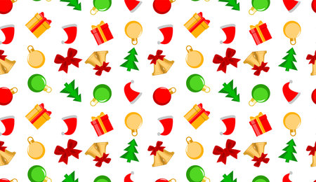 Seamless pattern on a Christmas theme. Christmas decorations, Christmas tree, balls, gifts, ornaments. Vector illustrationのイラスト素材