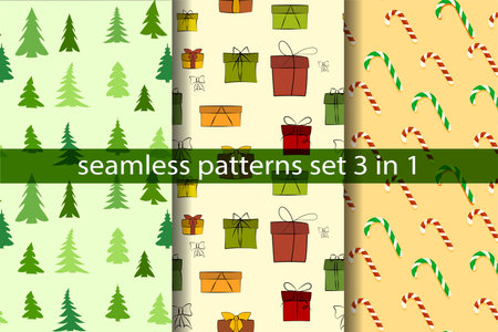 Set of seamless Christmas patterns. For printing on textiles, wallpaper, covers, web, wrapping paper, banners, posters. Festive Christmas decorations. Gifts, Christmas trees and candies. New Yearのイラスト素材