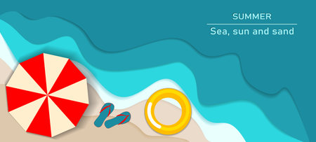 Wide banner sea coast, beach with umbrella. The concept of a postcard, a flyer advertising a summer beach holiday, vacation, hot weekend.のイラスト素材