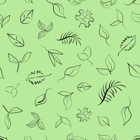 Seamless pattern of green leaves symbolizing eco, green energy, ecology. Vector image, sketch in line art styleのイラスト素材