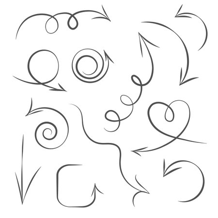 Infographic elements on isolated white background, simple arrows. Line art style. Set of different pointers and arrows. Black and white illustration. Doodlesのイラスト素材