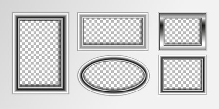 Set of empty white picture frames. Blank white picture frames mockup template isolated on transparent background. Vector collectionのイラスト素材