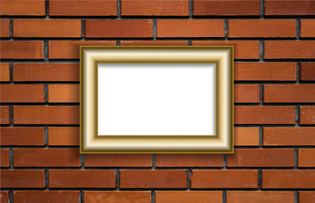Vector mockup. White poster in a gold frame hangs on a red brick wall. Picture in gallery with copy space. Empty blank. Brick wall, textured surface. Creative interior templateのイラスト素材