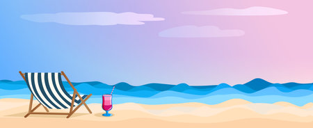 Wide banner. Summer evening sea background, sunset pink light, yacht in the sea and beach cocktail on the sand. Postcard, holiday season advertisement, beach holidayのイラスト素材