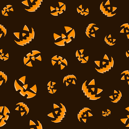 Halloween pumpkins seamless pattern. Flat pumpkins with carved scary smiling faces. Happy Halloween Boo. Vector illustration on brown backgroundのイラスト素材