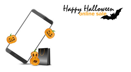 Banner with a smartphone on white background and copy space, the concept of online sales for halloween, shopping, advertising banner, flyerのイラスト素材