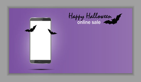 Banner with a smartphone on a purple background and copy space, the concept of online sales for halloween, shopping, advertising banner, flyerのイラスト素材
