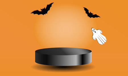 Podium for the presentation of goods on an orange studio background, the concept of Halloween sales, shopping, product advertising.のイラスト素材