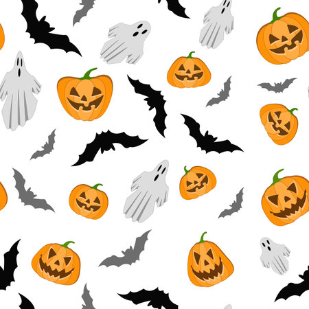 Halloween vector seamless pattern. Pumpkin, ghost, bat items on Halloween theme. Bright cartoon pattern for Halloween.のイラスト素材