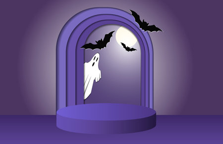 Podium for the presentation of goods on an violet studio background, the concept of Halloween sales, shopping, product advertising.のイラスト素材
