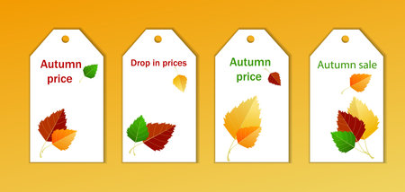 Set of tags for shops and supermarkets, for goods, the concept of autumn discounts, price fall, autumn leaf fall. Set of sale tags and labels, template shopping labels. Price tags on paper.のイラスト素材