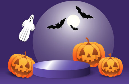 Halloween background with pumpkin, bat, ghost and moon. vector illustration.のイラスト素材