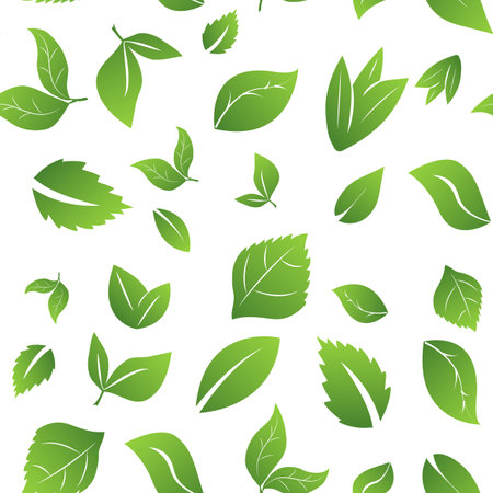 Seamless pattern of fresh different juicy green leaves on a white backgroundのイラスト素材
