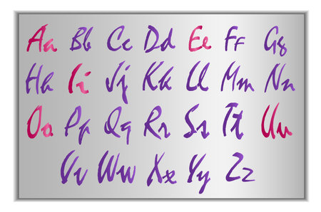 Stylized alphabet on a silver background, upper and lower case letters, vowels and consonantsのイラスト素材