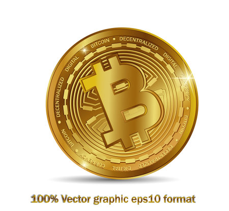 Golden bitcoin coin. Crypto currency golden coin bitcoin symbol isolated on white background. Realistic vector illustration.のイラスト素材