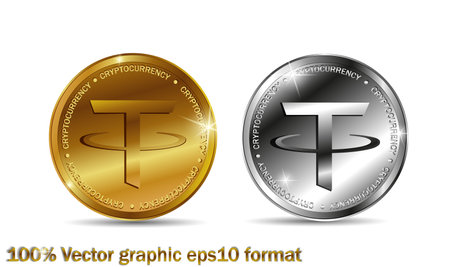 Golden and silver tether coin. Crypto currency golden and silver coin tether symbol isolated on white background. Realistic vector illustrationのイラスト素材