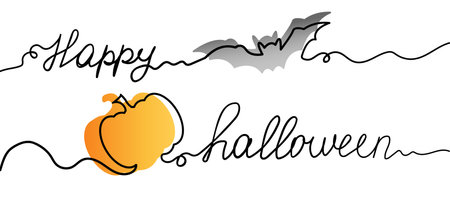 Ripe orange pumpkin and bat, line art style, banner with copy space on white background, halloween concept, autumn harvest. Advertising, flyers, invitations. line continuous text, Happy Halloween textのイラスト素材