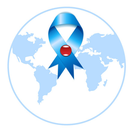 World diabetes day awareness poster with a world map on background. Banner design with blue ribbon and arm with a finger with blood drop. Typography. Vector illustration.のイラスト素材