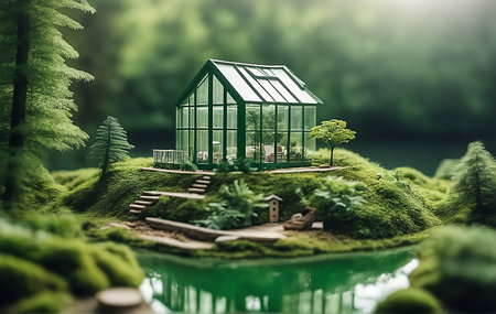 House in the forest on a lake, on a green natural forest background. Family symbol, mortgage, real estate concept. Eco-friendly house. copy space. This photo was generated using Playground AIの素材