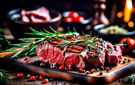 Meat juicy beef steak, piece of meat on a wooden board with spices and herbs. This photo was generated using Playground AIの素材